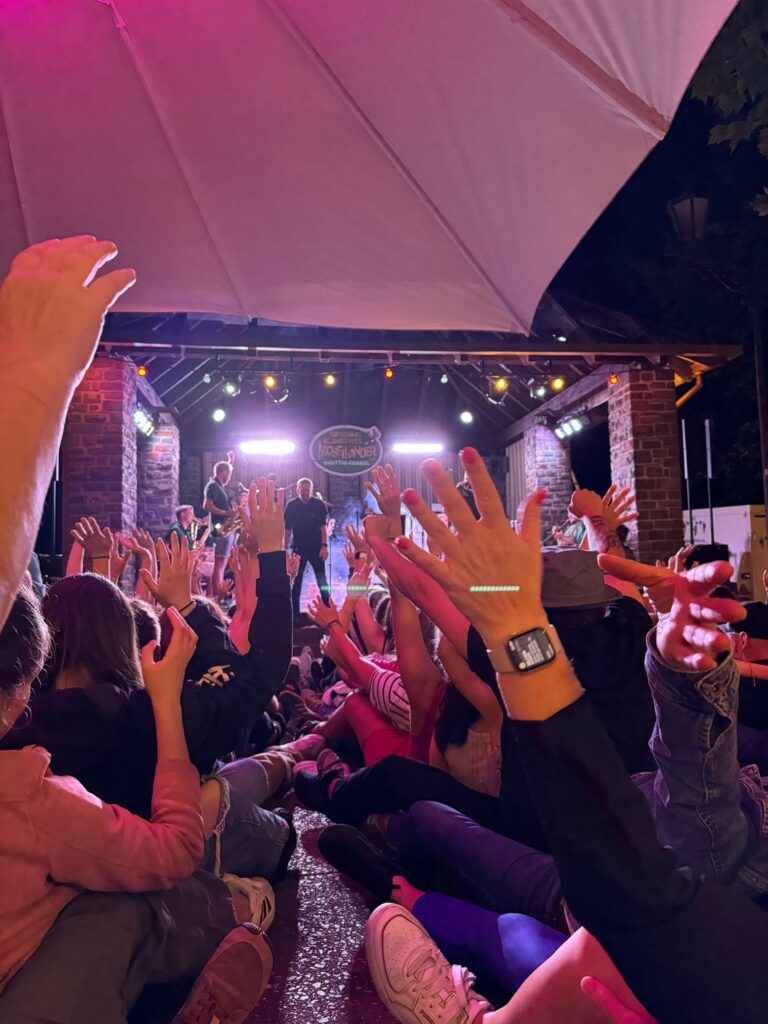 Rudernde Menschenmenge vor Bühne